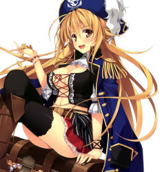 Rule 34 | 1girl, :d, absurdres, arm support, ascot, black thighhighs, blonde hair, boots, bracelet, breasts, cleavage, coat, coin, corset, covered erect nipples, crossed legs, epaulettes, front-tie top, hat, highres, jacket, jacket on shoulders, jewelry, jolly roger, knee boots, large breasts, long hair, looking at viewer, navel, open mouth, original, pirate hat, shiny skin, sitting, skull and crossed swords, smile, solo, thighhighs, treasure chest, yellow eyes, yuuki hagure