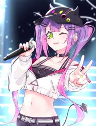 Rule 34 | 1girl, 53c, barbell piercing, bare shoulders, baseball cap, black choker, black hat, black shorts, blurry, blurry background, blush, choker, collarbone, crop top, demon tail, depth of field, ear piercing, fake horns, green eyes, hair ornament, hairclip, hand up, hat, highres, holding, holding microphone, hololive, horned headwear, horns, industrial piercing, jacket, long hair, long sleeves, looking at viewer, microphone, midriff, multicolored hair, multicolored nails, nail polish, navel, navel piercing, o-ring, o-ring choker, off shoulder, one eye closed, outstretched arm, piercing, pink hair, pink nails, pointy ears, purple hair, shorts, smile, solo, streaked hair, tail, tail ornament, tail piercing, tokoyami towa, twintails, very long hair, virtual youtuber, white jacket, yellow nails