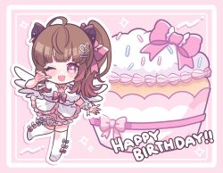 Rule 34 | 1girl, :d, animal ears, birthday cake, blue bow, blush, bow, bow legwear, brown hair, cake, capybara ears, chibi, commentary request, food, frilled shirt, frilled skirt, frills, full body, hair ornament, hairclip, happy birthday, heart, heart hair ornament, highres, kino haruc, long hair, looking at viewer, medium bangs, nanashi inc., one eye closed, one side up, open mouth, pink background, pink bow, pink eyes, pink skirt, shirt, skirt, smile, solo, sprinkles, thighhighs, virtual youtuber, white bow, white shirt, white thighhighs, wrist bow, yunohara izumi