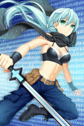 Rule 34 | 1girl, bad id, bad pixiv id, belt, binary, black footwear, blue hair, blue pants, blurry, boots, bra, breasts, closed mouth, commentary, cropped legs, expressionless, fingerless gloves, gloves, green eyes, hair ornament, hairclip, holding, holding sword, holding weapon, jenevan, long hair, looking at viewer, medium breasts, midriff, navel, official art, pants, ponytail, pouch, scarf, solo, sword, sword girls, underwear, weapon