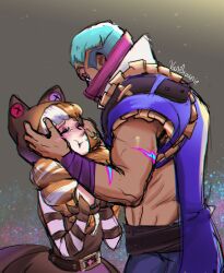 Rule 34 | 1boy, 1girl, absurdres, animal ears, artist name, bare shoulders, belt, black headwear, blue cape, blue pants, blush, brown belt, brown hair, cape, cowboy shot, dark-skinned male, dark skin, drill hair, fake animal ears, gradient background, green hair, gwen (league of legends), hands on another&#039;s cheeks, hands on another&#039;s face, highres, league of legends, mask, mouth mask, multicolored hair, muscular, muscular male, pants, pout, pyke (league of legends), short hair, short sleeves, soul fighter gwen, soul fighter pyke, twin drills, twintails, two-tone hair, vani.brownie, very short hair, white hair
