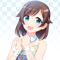 Rule 34 | 1girl, :d, bare shoulders, blush, brown hair, checkered background, commentary request, detached collar, gradient background, green eyes, hair flaps, hair ornament, hairclip, hands up, highres, idol connect, looking at viewer, open mouth, short hair, smile, solo, totokichi, two-tone background, upper body, virtual youtuber, wing collar, wrist cuffs