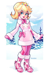 Rule 34 | 1girl, alternate costume, artist name, blonde hair, blue eyes, blue sky, boots, border, bow, bowtie, buttons, cloud, coat, collar, collared coat, commentary, cross-laced footwear, crown, day, earrings, english commentary, eyelashes, eyeshadow, footwear bow, full body, fur-trimmed boots, fur-trimmed coat, fur-trimmed sleeves, fur trim, heart, heart earrings, high heel boots, high heels, high ponytail, highres, jewelry, knees, lipstick, long hair, long sleeves, looking at viewer, makeup, mario (series), mini crown, mittens, nintendo, outdoors, outside border, pantyhose, parted lips, pine tree, pink bow, pink bowtie, pink coat, pink eyeshadow, pink footwear, pink lips, pink mittens, pink pantyhose, pink sleeves, pom pom (clothes), princess peach, rotodisk, shadow, sky, sleeves past wrists, snow, snowing, solo, tree, waist bow, white border, white bow, white collar, winter, winter clothes, winter coat, yellow headwear