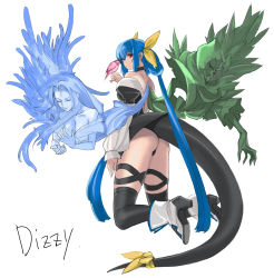 Rule 34 | 1girl, absurdres, ass, asymmetrical wings, back, bare shoulders, bird, bird on hand, black thighhighs, blue hair, character name, choker, detached sleeves, dizzy (guilty gear), from behind, guilty gear, guilty gear x, guilty gear xx, hair ribbon, hair rings, highres, long hair, necro (guilty gear), red eyes, ribbon, tail, tail ornament, tail ribbon, tetsu (kimuchi), thighhighs, twintails, undine (guilty gear), very long hair, wings