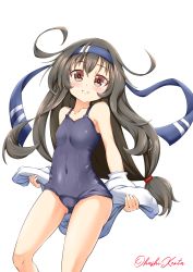 Rule 34 | 1girl, black hair, blue one-piece swimsuit, blush, breasts, cameltoe, collarbone, covered navel, hair between eyes, hatsushimo (kancolle), hatsushimo kai ni (kancolle), headband, highres, jacket, kantai collection, long hair, long sleeves, looking at viewer, low-tied long hair, old school swimsuit, one-piece swimsuit, oohashi yanta, red eyes, school swimsuit, small breasts, smile, solo, standing, swimsuit, swimsuit under clothes, twitter username, undressing, white background, white jacket