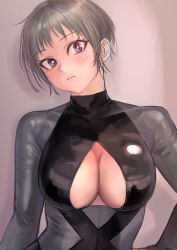 Rule 34 | 1girl, blush, bodysuit, breasts, cleavage, cleavage cutout, clothing cutout, grey eyes, grey hair, hand on own hip, highres, kilye kairi, large breasts, looking at viewer, multicolored bodysuit, multicolored clothes, original, reflection, short hair, simple background, skin tight