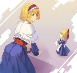 Rule 34 | 2girls, alice margatroid, apron, ass, blonde hair, blue dress, blue eyes, bow, capelet, commentary request, cowboy shot, dress, falken (yutozin), frilled capelet, frilled hairband, frills, from behind, grey background, hair bow, hairband, highres, holding, juliet sleeves, leaning forward, lolita hairband, long hair, long sleeves, looking at another, multiple girls, one-hour drawing challenge, puffy sleeves, red bow, red hairband, red sash, sash, shadow, shanghai doll, short hair, sidelocks, standing, touhou, waist apron, white apron, white capelet