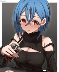 Rule 34 | 1girl, absurdres, artist name, black dress, blue hair, blush, border, breasts, cleavage, commentary request, cup, disposable cup, dress, gradient background, highres, holding, holding cup, long sleeves, looking at viewer, love live!, love live! superstar!!, medium breasts, open mouth, orange eyes, outside border, rikka006, short hair, solo, turtleneck, turtleneck dress, upper body, wakana shiki, white border