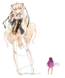Rule 34 | 1girl, animal ears, barefoot, blue eyes, highres, long hair, microphone, microphone stand, momyan, pigeon-toed, seeu, solo, thighhighs, toeless legwear, toes, very long hair, vocaloid, vocaloid append, white thighhighs