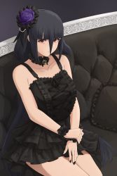Rule 34 | 1girl, absurdres, black dress, black hair, black nails, closed mouth, couch, detached collar, dress, expressionless, flower, frilled dress, frilled wristband, frills, fukayama (0ppaityuki), hair between eyes, hair flower, hair ornament, highres, long hair, looking at viewer, nail polish, red eyes, sidelocks, sitting, solo, very long hair, wristband, yamada tae, zombie land saga