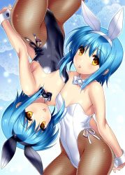 Rule 34 | 2girls, animal ears, black leotard, black neckwear, blue background, blue hair, bow, bowtie, brown eyes, brown legwear, cowboy shot, detached collar, fake animal ears, fishnet pantyhose, fishnets, flat chest, gradient background, highleg, highleg leotard, leotard, little busters!, looking at viewer, multiple girls, nishizono midori, nishizono mio, pantyhose, playboy bunny, rabbit ears, rabbit tail, short hair, siblings, strapless, strapless leotard, symmetry, tail, tongue, tongue out, twins, upside-down, white background, white leotard, white neckwear, wrist cuffs, zen