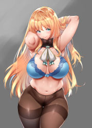 Rule 34 | 1girl, atago (kancolle), blonde hair, blue bra, blush, bra, breasts, cleavage, crotch seam, detached collar, female pubic hair, fur collar, green eyes, highres, hip focus, kantai collection, large breasts, long hair, looking at viewer, mushi024, navel, pantyhose, pubic hair, smile, solo, thighband pantyhose, thighs, underwear, white neckwear, wide hips