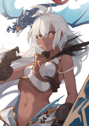 1girl, absurdres, ahoge, armor, bare shoulders, boobplate, breastplate, brown gloves, commentary request, dark skin, dark skinned female, dragon, gloves, granblue fantasy, hand up, highres, long hair, looking to the side, midriff, open mouth, red eyes, serious, simple background, solo focus, toned, upper body, white background, white hair, xiukukkii, zooey (granblue fantasy)
