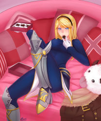 Rule 34 | 1girl, armor, armored boots, blonde hair, blue bodysuit, blue eyes, bodysuit, boots, box of chocolates, candy, chocolate, chocolate heart, food, gloves, hairband, heart, highres, league of legends, licking, long hair, looking at viewer, lux (league of legends), lying, maomi wo, on chair, pillow, poro (league of legends), solo, tongue, tongue out, white gloves