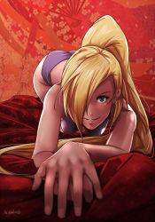 Rule 34 | 1girl, all fours, ass, bed sheet, blonde hair, blue eyes, breasts, earrings, foreshortening, hair over one eye, hanging breasts, jewelry, long hair, looking at viewer, naruto (series), naruto shippuuden, sbel02, smile, solo, underwear, underwear only, yamanaka ino