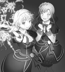 Rule 34 | + +, 2girls, ahoge, blunt bangs, blush stickers, bow, braid, buttons, capelet, clenched hands, closed mouth, collared shirt, colored eyelashes, commentary request, cowboy shot, dress, floating hair, greyscale, hair bow, hairband, highres, holding, holding wand, idol, idolmaster, idolmaster million live!, layered skirt, long hair, long sleeves, looking at another, looking at viewer, lower teeth only, magic circle, miniskirt, monochrome, multiple girls, nanao yuriko, open clothes, open dress, open mouth, pantyhose, pointing, pointing at viewer, shimabara elena, shirt, short dress, short hair, simple background, single braid, skirt, smile, sparkling eyes, starry sky print, teeth, waist sash, wand, wavy hair, witoi (roa)