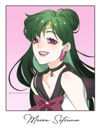 Rule 34 | 1girl, :d, bishoujo senshi sailor moon, black choker, black sailor collar, bow, character name, choker, circlet, collarbone, collared shirt, earrings, framed, green hair, jewelry, long hair, looking at viewer, meiou setsuna, open mouth, purple bow, red eyes, red lips, sailor collar, sailor pluto, sailor senshi uniform, sailor shirt, shirt, sleeveless, sleeveless shirt, smile, solo, tabby chan, twitter username, upper body, white shirt