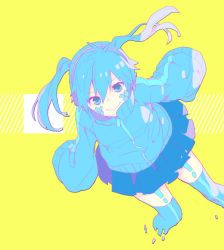 Rule 34 | 1girl, ayune, bad id, bad pixiv id, blue eyes, blue hair, ene (kagerou project), gyumo, headphones, jacket, jersey, kagerou project, looking at viewer, matching hair/eyes, skirt, smile, solo, thighhighs, track jacket, twintails, yellow background, zettai ryouiki