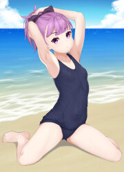 Rule 34 | 1girl, absurdres, armpits, arms behind head, arms up, bare shoulders, barefoot, beach, blue sky, blush, breasts, collarbone, covered navel, fate/grand order, fate (series), helena blavatsky (fate), helena blavatsky (swimsuit archer) (fate), helena blavatsky (swimsuit archer) (first ascension) (fate), highres, looking at viewer, one-piece swimsuit, purple eyes, purple hair, school swimsuit, shore, short hair, short ponytail, sitting, sky, small breasts, solo, swimsuit, thighs, wariza, yamachi (xadp7533)