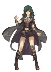 Rule 34 | 1girl, black footwear, black shorts, blue eyes, boots, breasts, byleth (female) (fire emblem), byleth (fire emblem), closed mouth, detached collar, fadingz, fire emblem, fire emblem: three houses, green hair, highres, knee boots, long hair, medium breasts, midriff, navel, nintendo, sheath, sheathed, short shorts, shorts, signature, simple background, solo, standing, stomach, sword, weapon, white background