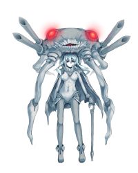 Rule 34 | 10s, 1girl, abyssal ship, bodysuit, breasts, cape, gloves, glowing, glowing eyes, highres, kantai collection, long hair, monster, nami nami nami, pale skin, personification, red eyes, silver hair, solo, standing, thighhighs, wand, white background, wo-class aircraft carrier