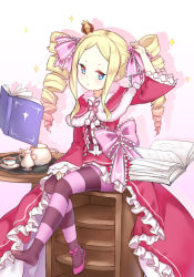 Rule 34 | 10s, 1girl, :&lt;, adjusting hair ornament, beatrice (re:zero), blonde hair, blue eyes, book, bookshelf, bow, butterfly-shaped pupils, capelet, coffee table, commentary, crown, cup, dress, drill hair, floating, floating book, floating object, fur trim, glitter, hair ornament, hair ribbon, highres, long hair, long sleeves, mini crown, open book, pantyhose, re:zero kara hajimeru isekai seikatsu, reading, ribbon, shadow, shoes, simple background, single shoe, solo, striped clothes, striped pantyhose, sunege (hp0715), symbol-shaped pupils, table, teacup, teapot, telekinesis, twin drills, twintails, white background