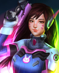 Rule 34 | 1girl, absurdres, animal print, backlighting, blue background, bodysuit, bracer, breasts, brown eyes, brown hair, d.va (overwatch), facepaint, facial mark, gradient background, green background, gun, handgun, headphones, high collar, highres, holding, holding gun, holding weapon, light smile, lips, long hair, looking at viewer, matching hair/eyes, medium breasts, melvin quito, nose, overwatch, overwatch 1, pilot suit, pink background, pink lips, pistol, rabbit print, realistic, ribbed bodysuit, shoulder pads, solo, swept bangs, taut clothes, trigger discipline, upper body, weapon, whisker markings