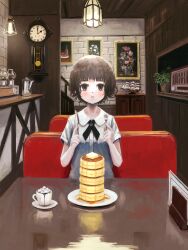 Rule 34 | 1girl, absurdres, blunt bangs, brown eyes, brown hair, butter, cafe, ceiling light, clock, coffee cup, cup, disposable cup, food, fork, highres, holding, holding fork, holding knife, knife, looking at viewer, maple syrup, model ship, okura lino, original, painting (object), pancake, plant, potted plant, scenery, short hair, sitting, solo, table