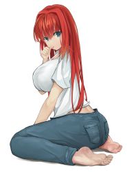 Rule 34 | 1girl, absurdres, aozaki aoko, ass, barefoot, blue eyes, blue pants, breasts, dddm, denim, feet, from behind, full body, hair intakes, highres, impossible clothes, impossible shirt, jeans, large breasts, long hair, looking at viewer, melty blood, on floor, pants, red hair, shirt, sitting, soles, solo, t-shirt, thumb sucking, toes, tsukihime, turning head, wariza, white background