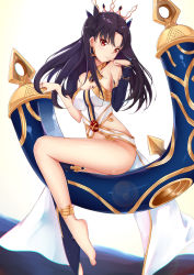 Rule 34 | 1girl, absurdres, anklet, armlet, ass, asymmetrical legwear, asymmetrical sleeves, bad id, bad pixiv id, bare shoulders, black hair, blush, breasts, bridal gauntlets, catnnn, cleavage, crown, detached collar, earrings, elbow gloves, fate/grand order, fate (series), finger to mouth, gloves, hair ribbon, highres, hoop earrings, ishtar (fate), jewelry, long hair, looking at viewer, medium breasts, parted bangs, red eyes, ribbon, single elbow glove, single thighhigh, sitting, smile, solo, thighhighs, toeless legwear, two side up, uneven legwear, uneven sleeves