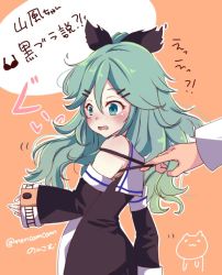 Rule 34 | 10s, 1girl, bare shoulders, blush, border, bow, bra, bra strap, detached sleeves, from behind, green eyes, green hair, hair between eyes, hair bow, hair ornament, hairclip, kantai collection, long hair, nonkomu (furiten5553), one-hour drawing challenge, open mouth, out of frame, solo focus, strap pull, teeth, twitter username, underwear, wavy hair, white border, wide sleeves, yamakaze (kancolle)