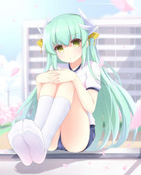 Rule 34 | 1girl, absurdres, blush, collarbone, derivative work, dorsiflexion, fate/grand order, fate (series), feet, feet together, green hair, head tilt, highres, horns, ikazu401, interlocked fingers, kiyohime (fate), kneehighs, long hair, looking at viewer, no shoes, own hands together, sitting, smile, socks, soles, solo, very long hair, white socks, yellow eyes