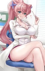 Rule 34 | 1girl, alternate costume, alternate hairstyle, blue eyes, blush, breast hold, breasts, chair, cleavage, collared shirt, crossed legs, flower, hair flower, hair ornament, lab coat, large breasts, licking lips, long hair, maria cadenzavna eve, miniskirt, panties, pantyshot, pink hair, pink skirt, ponytail, r-binon, senki zesshou symphogear, shirt, sitting, skirt, solo, thermometer, tongue, tongue out, underwear, very long hair