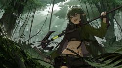 Rule 34 | 1girl, :d, abs, antenna hair, arknights, black gloves, black shirt, black shorts, breasts, cleavage, cowboy shot, crocodilian tail, crop top, fangs, female focus, fingerless gloves, forest, gavial (arknights), gavial (combat medic) (arknights), gloves, green hair, green jacket, hair between eyes, hair ornament, highres, holding, holding staff, id card, jacket, long hair, long sleeves, looking at viewer, material growth, medium breasts, midriff, nature, navel, official alternate costume, open clothes, open jacket, open mouth, oripathy lesion (arknights), outdoors, over shoulder, shirt, short shorts, shorts, smile, solo, staff, standing, stomach, tail, yellow eyes, zhili xingzou