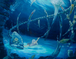 Rule 34 | 1girl, absurdres, air bubble, barefoot, blue hair, blue theme, bubble, diving, dress, fish, flower, highres, huge filesize, jellyfish, lira c song, long hair, original, scenery, see-through, skeleton, solo, underwater, white dress
