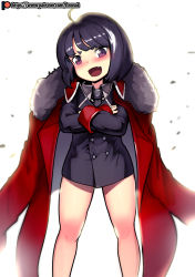 Rule 34 | 1girl, :d, absurdres, aged down, ahoge, bad id, bad pixiv id, berezovich kryuger (girls&#039; frontline), black dress, black hair, black necktie, blush, collared dress, collared shirt, commentary request, crossed arms, dress, fang, fur-trimmed jacket, fur trim, girls&#039; frontline, grey shirt, griffin &amp; kryuger military uniform, head tilt, highres, jacket, jacket on shoulders, korean commentary, leonat, necktie, open mouth, purple eyes, red jacket, shirt, short hair, simple background, smile, solo, standing, thick eyebrows, watermark, web address, white background