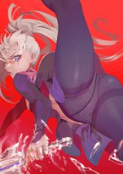 Rule 34 | 1girl, ass, blue eyes, blue pantyhose, crotch seam, frozen, highres, holding, holding sword, holding weapon, ice, leg lift, leg up, long hair, long sleeves, looking at viewer, navel, panties, panties under pantyhose, pantyhose, ponytail, rapier, red background, rwby, scar, scar across eye, scar on face, side ponytail, split, spread legs, standing, standing on one leg, standing split, stomach, sword, thighs, underwear, wangxiii, weapon, weiss schnee, white hair, white panties