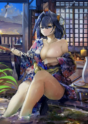 Rule 34 | 1girl, absurdres, blue eyes, blue hair, blush, bottle, breasts, cleavage, covering privates, covering breasts, cup, floral print, flower, hair flower, hair intakes, hair ornament, hand fan, highres, holding, holding fan, hololive, hololive english, japanese clothes, jewelry, kimono, large breasts, legs, long sleeves, looking at viewer, multicolored hair, obi, ouro kronii, sakazuki, sake bottle, sash, short hair, solo, thighs, virtual youtuber, vyragami, water, wet, wide sleeves, wind chime, yukata