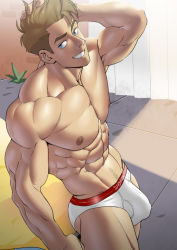 Rule 34 | 1boy, abs, absurdres, bara, blue hair, briefs, bulge, commentary, edging underwear, english commentary, feet out of frame, from above, grin, hand in own hair, highres, large pectorals, light brown hair, male focus, male underwear, muscular, muscular male, navel, navel hair, nipples, paid reward available, pectorals, q-force, paid reward available, short hair, sideburns, smile, solo, steve maryweather, stomach, suyohara, thick thighs, thighs, topless male, undercut, underwear, underwear only, white male underwear