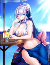 Rule 34 | 1girl, bad id, bad pixiv id, beads, blue eyes, blue hair, blue sky, breasts, cleavage, creatures (company), curvy, day, drink, drinking straw, elbows on table, food, fruit, game freak, gen 7 pokemon, glass, gradient hair, hair beads, hair between eyes, hair ornament, hairband, jewelry, long hair, looking at viewer, medium breasts, multicolored hair, nail polish, navel, necklace, nintendo, orange (fruit), orange slice, outdoors, personification, pokemon, primarina, shikkoku neko, silver hair, sitting, sky, smile, solo, star (symbol), star hair ornament, sunlight, table, umbrella, very long hair, water, wide hips