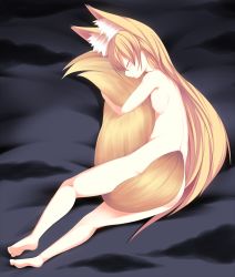 Rule 34 | 1girl, animal ears, barefoot, between legs, blonde hair, breasts, closed eyes, completely nude, convenient censoring, feet, fox ears, fox tail, full body, gradient background, highres, hug, hugging own tail, hugging tail, kneepits, large tail, long hair, lying, nude, on side, open mouth, original, sleeping, small breasts, soles, solo, sukage, tail, tail between legs, tail censor, toes