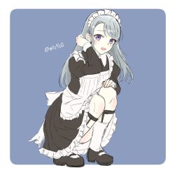 Rule 34 | 1girl, alternate costume, apron, asymmetrical bangs, black dress, black footwear, border, commentary request, dress, enmaided, frilled apron, frilled dress, frills, highres, kantai collection, long hair, maid, maid apron, mary janes, mochizou, purple background, purple eyes, sagiri (kancolle), shoes, silver hair, solo, squatting, swept bangs, twitter username, white apron, white border