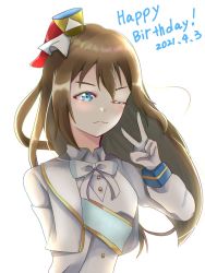 Rule 34 | 1girl, ;), aqua eyes, artist name, artist request, blue eyes, blush, bow, bowtie, breasts, brown hair, buttons, collared shirt, female focus, gloves, hair between eyes, hat, high ponytail, highres, jacket, long hair, long sleeves, looking at viewer, love live!, love live! nijigasaki high school idol club, love live! school idol festival, mini hat, mini top hat, nijiiro passion!, nijiiro passions! (love live!), one eye closed, osaka shizuku, parted lips, ponytail, rainbow-colored passions!, red bow, shirt, skirt, smile, solo, top hat, upper body, v, white background, white bow, white gloves, white jacket, white shirt
