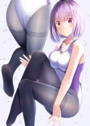 Rule 34 | 1girl, air bubble, ass, black pantyhose, breasts, bubble, collarbone, commentary request, competition swimsuit, feet, fine fabric emphasis, gridman universe, gurande (g-size), highres, large breasts, leg up, light purple hair, looking at viewer, multiple views, no shoes, one-piece swimsuit, pantyhose, pantyhose under swimsuit, red eyes, shinjou akane, short hair, sitting, smile, ssss.gridman, swimsuit, thighband pantyhose, white background