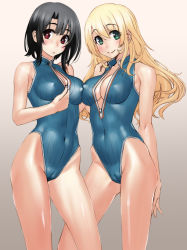 Rule 34 | 10s, 2girls, :&lt;, adapted costume, alternate costume, atago (kancolle), bare shoulders, black hair, blonde hair, blush, breast press, breasts, cameltoe, cleft of venus, covered navel, covered erect nipples, front zipper swimsuit, green eyes, highleg, highleg swimsuit, kantai collection, large breasts, long hair, looking at viewer, meme attire, multiple girls, one-piece swimsuit, red eyes, sasayuki, short hair, smile, swimsuit, takao (kancolle)