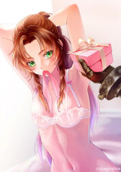 Rule 34 | 1boy, 1girl, aerith gainsborough, armpits, arms up, artist name, breasts, brown hair, cloud strife, final fantasy, final fantasy vii, final fantasy vii remake, green eyes, lingerie, long hair, mouth hold, navel, ponytail, small breasts, solo, stomach, sylvia m, twitter username, underwear