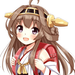 Rule 34 | 10s, 1girl, aged down, ahoge, aikawa ryou, backpack, bag, brown hair, detached sleeves, double bun, hair bun, hairband, japanese clothes, kantai collection, kongou (kancolle), long hair, nontraditional miko, open mouth, school bag, simple background, smile, solo