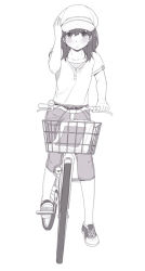 Rule 34 | 1girl, bicycle, blush, cabbie hat, capri pants, hand on headwear, hat, mattaku mousuke, monochrome, no socks, original, pants, parted lips, shirt, shoes, simple background, sneakers, solo, white background