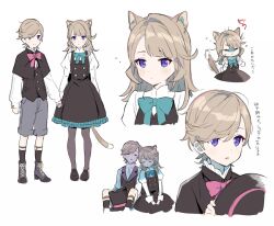 Rule 34 | 1boy, 1girl, animal ear fluff, animal ears, black capelet, black dress, black footwear, black headwear, black socks, black vest, blue bow, blue bowtie, blush, boots, bow, bowtie, brother and sister, buttons, capelet, cat ears, cat girl, cat tail, clenched hand, clenched hands, closed eyes, closed mouth, collared shirt, dress, frills, full body, garter belt, genshin impact, grey footwear, grey pantyhose, grey shorts, hair between eyes, hands up, hat, holding, holding clothes, holding hands, holding hat, juliet sleeves, light brown hair, long hair, long sleeves, looking at viewer, looking to the side, lynette (genshin impact), lyney (genshin impact), mozu (modagoro), open mouth, pantyhose, pinafore dress, pink bow, pink bowtie, puffy long sleeves, puffy sleeves, purple eyes, shirt, shoes, short hair, shorts, siblings, simple background, sitting, sleeping, sleeveless, sleeveless dress, socks, standing, tail, top hat, translation request, twins, unworn hat, unworn headwear, upper body, v-shaped eyebrows, vest, white background, white shirt