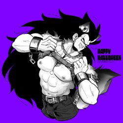 Rule 34 | 1boy, abs, absurdres, aco (aco rz), animal ears, bara, black hair, chest belt, cropped legs, dragon ball, dragonball z, greyscale with colored background, halloween costume, happy halloween, highres, large pectorals, leaning to the side, long hair, male focus, mature male, muscular, muscular male, navel, nipples, pectorals, raditz, solo, spiked hair, stomach, strongman waist, tail, thick eyebrows, very long hair, wolf boy, wolf ears, wolf tail